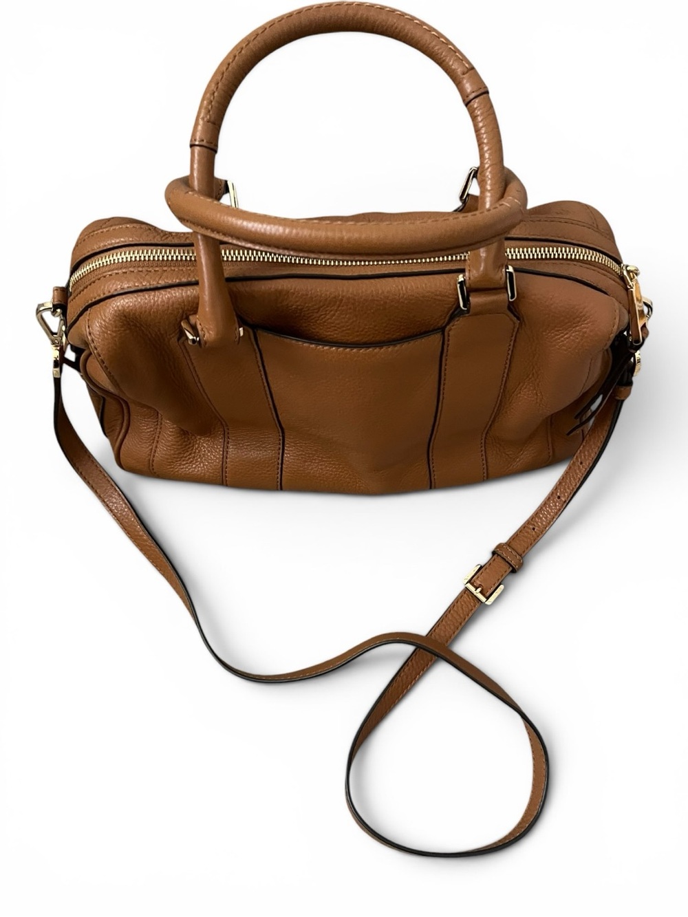 Michael Kors Julia Brown Pebbled Leather Satchel Crossbody Bowler Bag - Picture 5 of 15